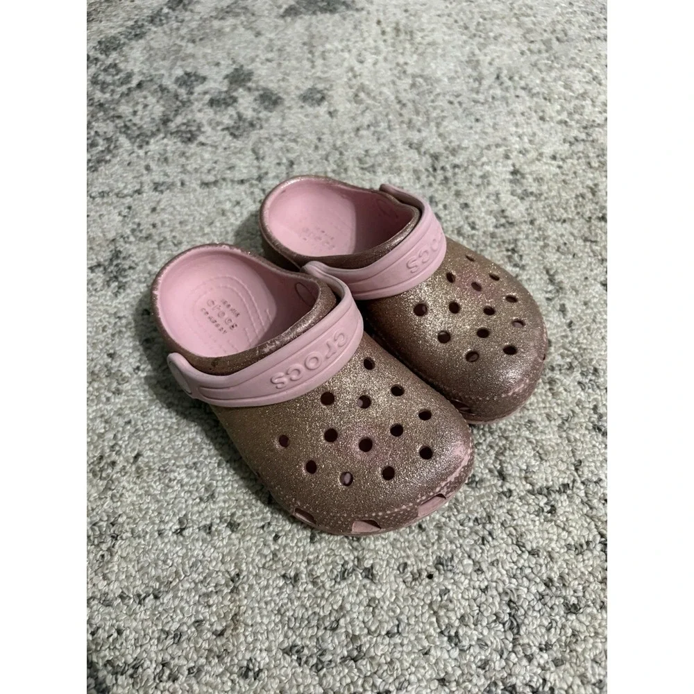 Crocs Toddler Girls Pink Glitter Clog Shoes Slip On Breathable Rubber Size 8 C8